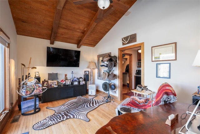 living room featuring light wood-type flooring, beamed ceiling, high vaulted ceiling, a ceiling fan, and wood ceiling