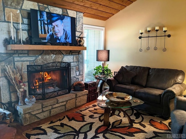 369 Meadow Way Unit 1713, Sapphire, NC 28774 - living area featuring wood ceiling, lofted ceiling, wood finished floors, and a stone fireplace