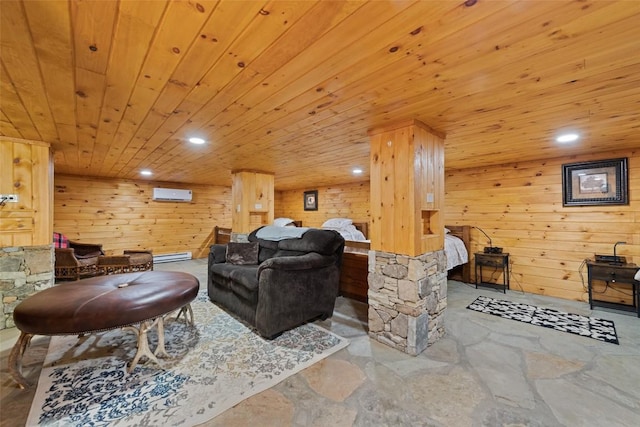 229 Yellow Bird Branch Rd, Sylva, NC 28779 - living room with a wall mounted AC, stone flooring, a baseboard heating unit, wooden ceiling, and recessed lighting