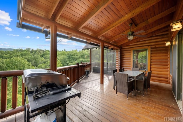 deck with ceiling fan and a grill