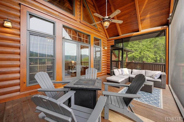 exterior space featuring vaulted ceiling, wooden ceiling, and ceiling fan