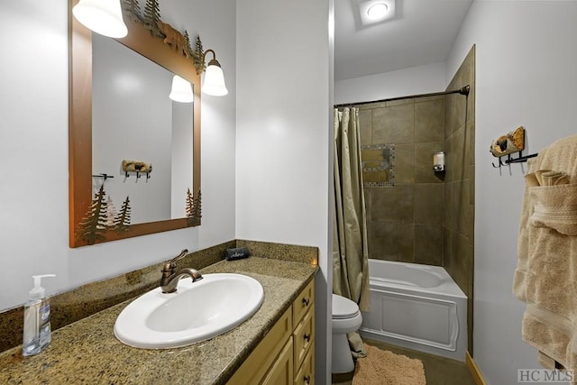 full bathroom with toilet, vanity, and shower / bathtub combination with curtain