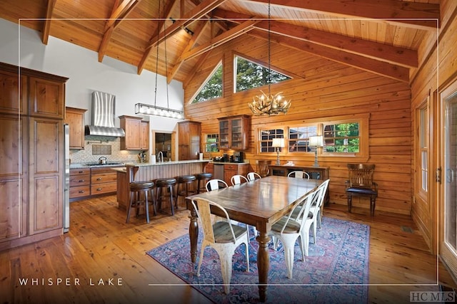 dining area with wooden walls, a chandelier, beam ceiling, and light wood-type flooring