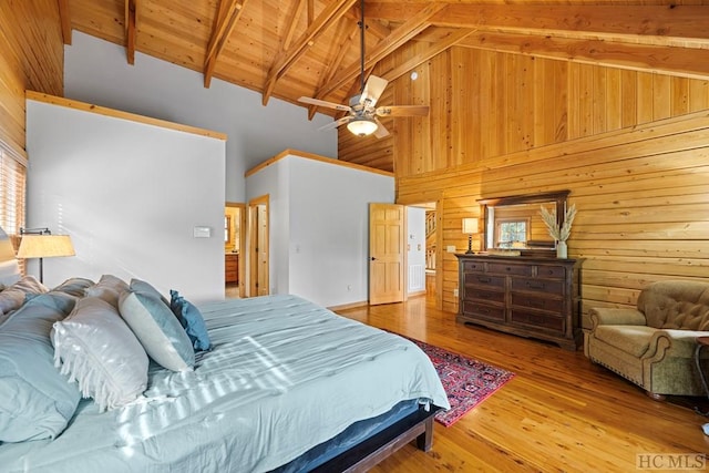 bedroom with wood ceiling, wooden walls, beamed ceiling, and light wood-type flooring