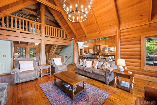 living room featuring an inviting chandelier, wood ceiling, high vaulted ceiling, hardwood / wood-style flooring, and beamed ceiling