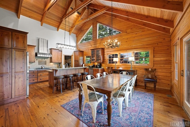 dining room featuring an inviting chandelier, beam ceiling, light wood-type flooring, and wood walls