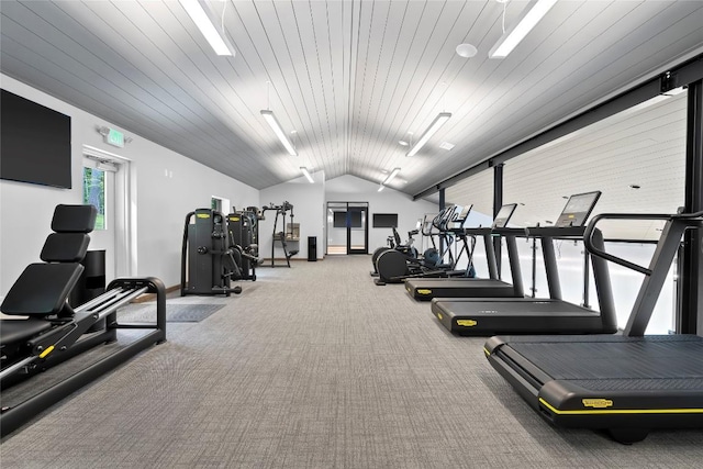 workout area featuring carpet and lofted ceiling