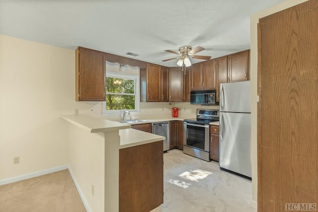 kitchen featuring ceiling fan, stainless steel appliances, kitchen peninsula, and sink