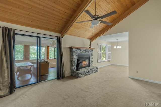 unfurnished living room featuring wooden ceiling, beamed ceiling, a fireplace, ceiling fan with notable chandelier, and carpet