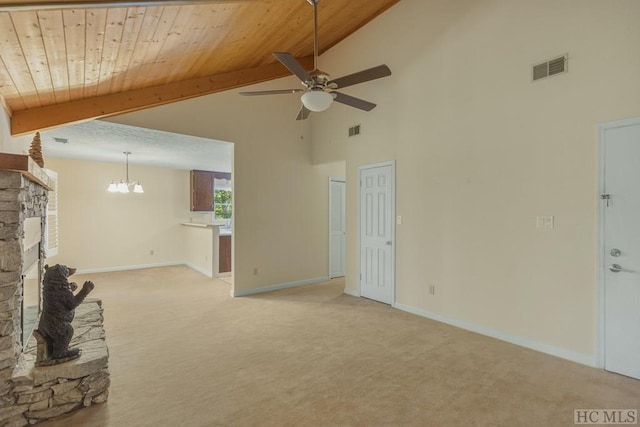 unfurnished living room featuring high vaulted ceiling, light carpet, wooden ceiling, beamed ceiling, and a fireplace