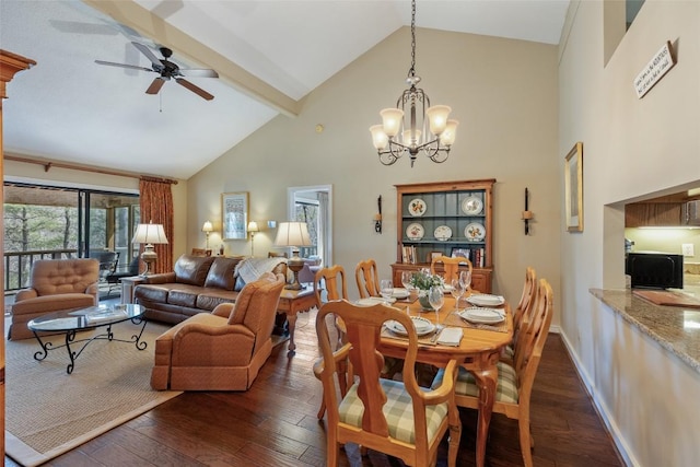 dining space featuring high vaulted ceiling, beam ceiling, dark wood-style flooring, and ceiling fan with notable chandelier