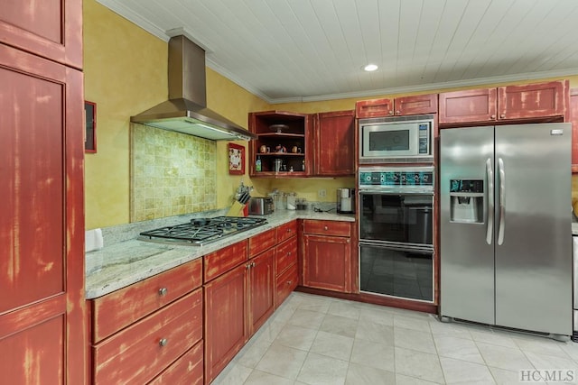 kitchen featuring appliances with stainless steel finishes, tasteful backsplash, exhaust hood, light stone counters, and crown molding