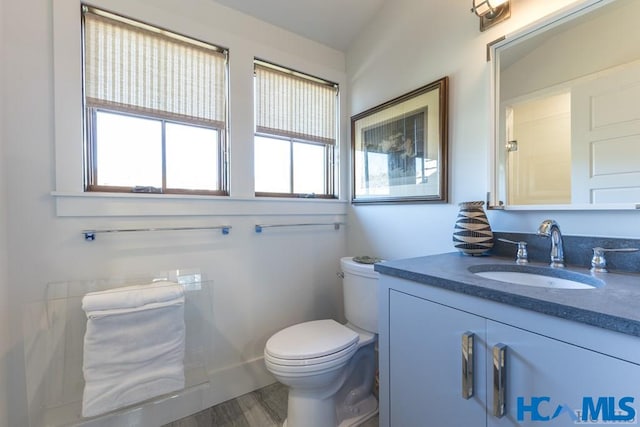 bathroom with toilet, vanity, and wood finished floors