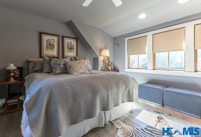 bedroom featuring lofted ceiling, wood finished floors, and ceiling fan