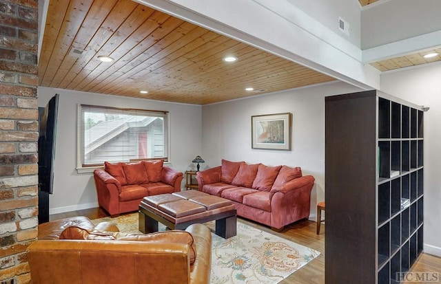 living room with wood ceiling and light hardwood / wood-style flooring