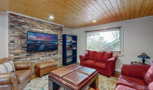 living room featuring wood ceiling, ornamental molding, and light wood-type flooring