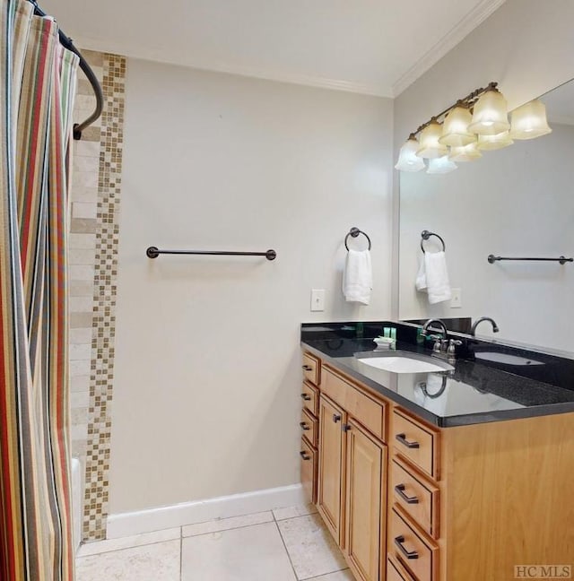 bathroom featuring shower / bath combination with curtain, ornamental molding, tile patterned flooring, and vanity