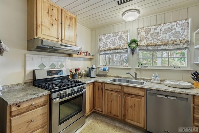 48 Holt Knob Rd, Highlands, NC 28741 - kitchen with stainless steel appliances, under cabinet range hood, light stone countertops, wooden ceiling, and decorative backsplash