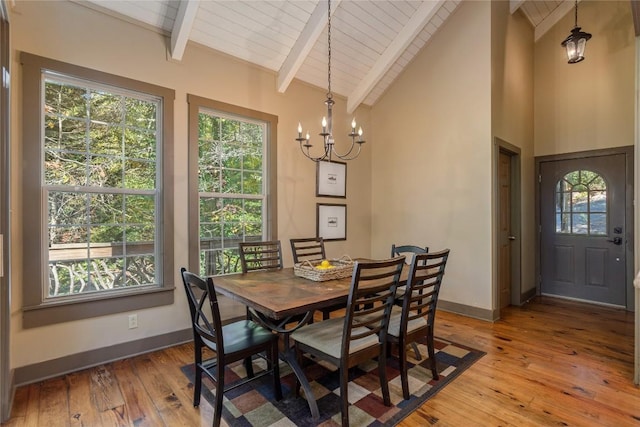 61 Indian Falls Way, Lake Toxaway, NC 28747 - dining room featuring light wood finished floors, healthy amount of natural light, a chandelier, a wood ceiling with exposed beams, and high vaulted ceiling