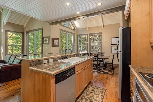 61 Indian Falls Way, Lake Toxaway, NC 28747 - kitchen featuring stainless steel appliances, wooden ceiling, light wood-style flooring, healthy amount of natural light, and recessed lighting