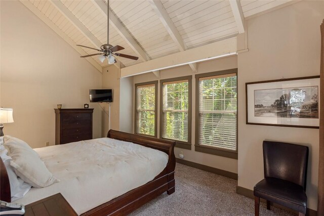 61 Indian Falls Way, Lake Toxaway, NC 28747 - bedroom featuring carpet floors, a wooden ceiling with exposed beams, high vaulted ceiling, and ceiling fan