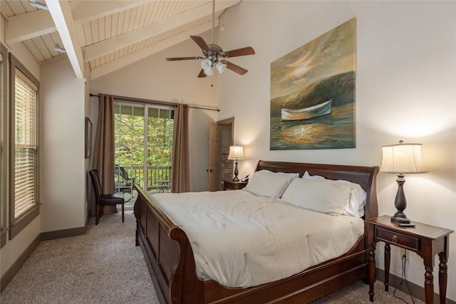 61 Indian Falls Way, Lake Toxaway, NC 28747 - carpeted bedroom featuring access to exterior, a wooden ceiling with exposed beams, high vaulted ceiling, and ceiling fan