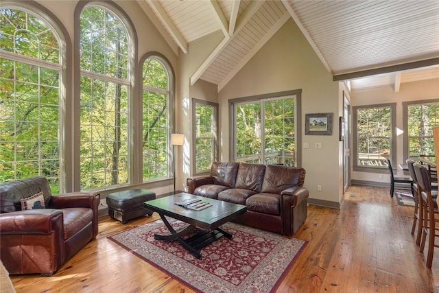 61 Indian Falls Way, Lake Toxaway, NC 28747 - living area featuring wood-type flooring, high vaulted ceiling, and a wood ceiling with exposed beams