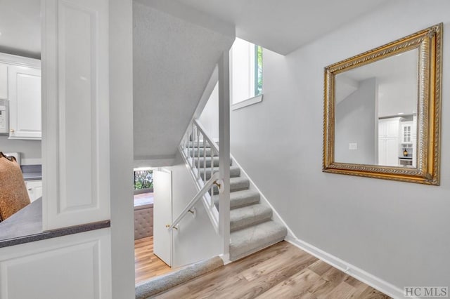 staircase with hardwood / wood-style flooring