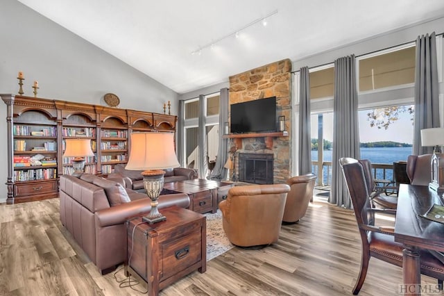 living room featuring light hardwood / wood-style flooring, a fireplace, high vaulted ceiling, and rail lighting