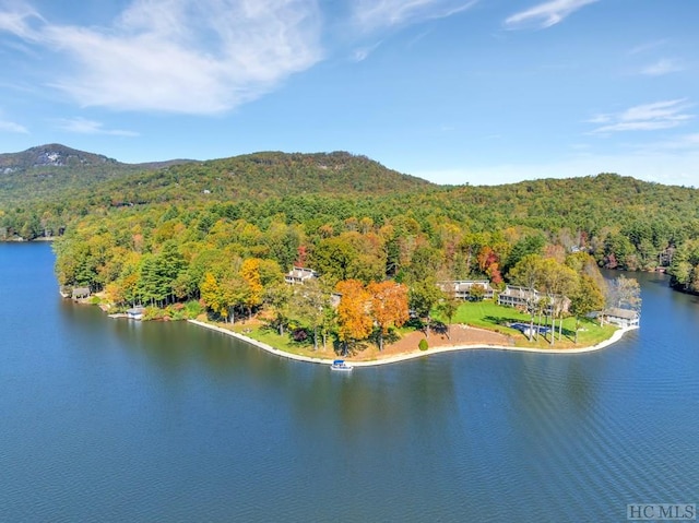 drone / aerial view featuring a water and mountain view