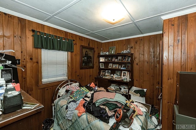 interior space with crown molding and wooden walls