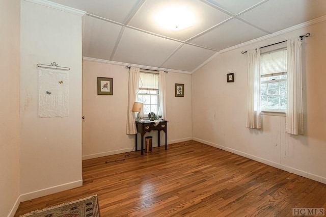 unfurnished room featuring lofted ceiling and hardwood / wood-style floors