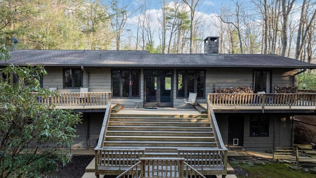 776 Stillmont Cir, Cashiers, NC 28717 - back of house featuring a shingled roof, french doors, a wooden deck, and stairway