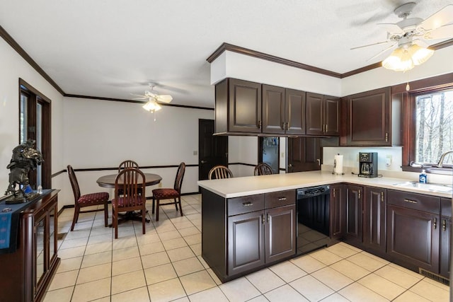 776 Stillmont Cir, Cashiers, NC 28717 - kitchen featuring black dishwasher, a sink, light countertops, a ceiling fan, and crown molding