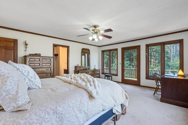 776 Stillmont Cir, Cashiers, NC 28717 - carpeted bedroom featuring a ceiling fan, access to exterior, baseboards, and ornamental molding