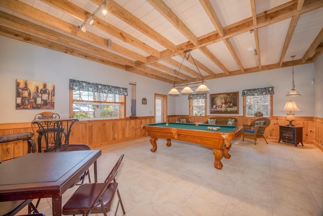 11 Lower Tanglewood Dr E, Lake Toxaway, NC 28747 - game room featuring pool table, wood walls, a wood stove, wainscoting, and beam ceiling