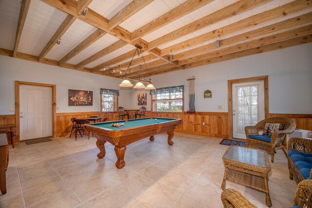 11 Lower Tanglewood Dr E, Lake Toxaway, NC 28747 - rec room with beam ceiling, a wainscoted wall, and wood walls