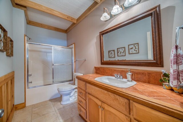 11 Lower Tanglewood Dr E, Lake Toxaway, NC 28747 - full bathroom with vanity, enclosed tub / shower combo, tile patterned flooring, toilet, and beam ceiling