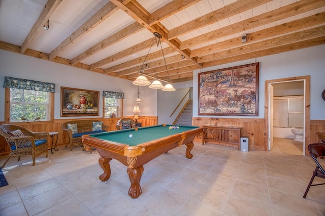 11 Lower Tanglewood Dr E, Lake Toxaway, NC 28747 - game room featuring a wainscoted wall, light tile patterned flooring, wooden walls, billiards, and beam ceiling