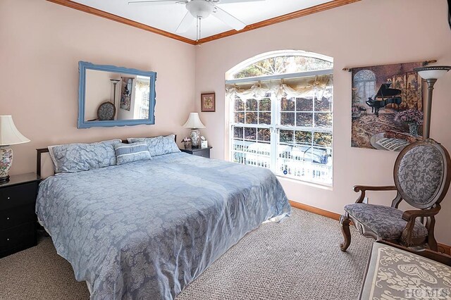 11 Lower Tanglewood Dr E, Lake Toxaway, NC 28747 - bedroom featuring crown molding, carpet floors, baseboards, and a ceiling fan