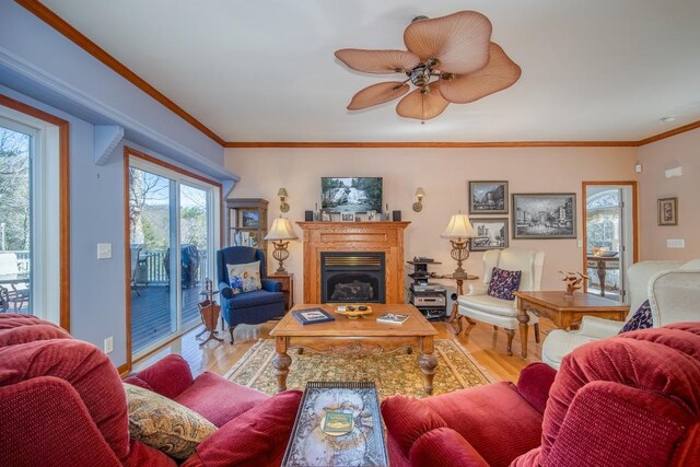 11 Lower Tanglewood Dr E, Lake Toxaway, NC 28747 - living area with ornamental molding, a ceiling fan, a glass covered fireplace, and wood finished floors