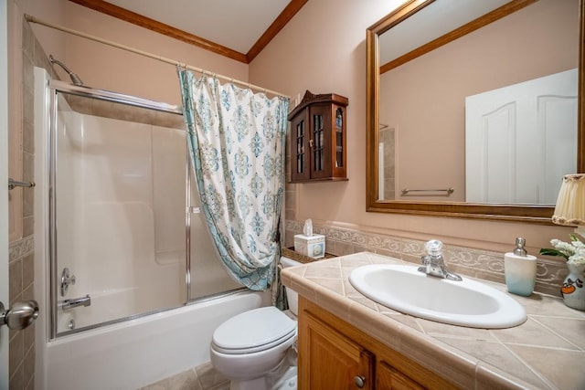 11 Lower Tanglewood Dr E, Lake Toxaway, NC 28747 - full bath featuring toilet, vanity, ornamental molding, and shower / tub combo with curtain