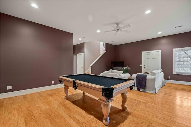 recreation room featuring billiards, baseboards, light wood-style flooring, recessed lighting, and ceiling fan