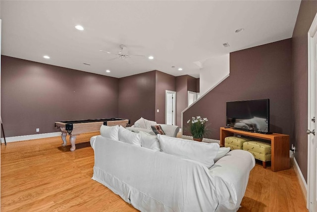 living area with a ceiling fan, recessed lighting, pool table, light wood finished floors, and baseboards