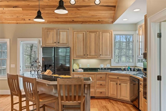 kitchen featuring light wood finished floors, plenty of natural light, stainless steel fridge, and a kitchen breakfast bar