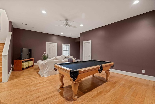 rec room featuring light wood-type flooring, baseboards, ceiling fan, and billiards