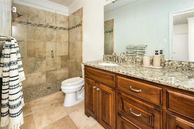 full bathroom featuring a shower stall, ornamental molding, toilet, and vanity
