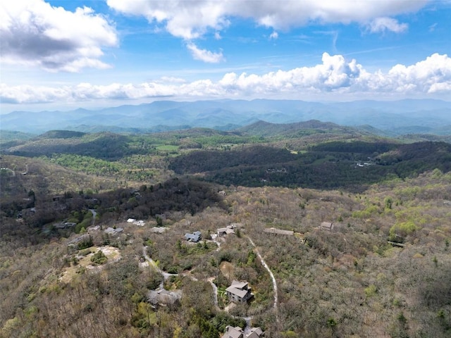 view of mountain backdrop featuring a forest