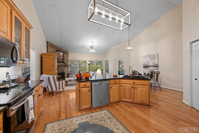 kitchen with stainless steel appliances, sink, pendant lighting, and light hardwood / wood-style flooring