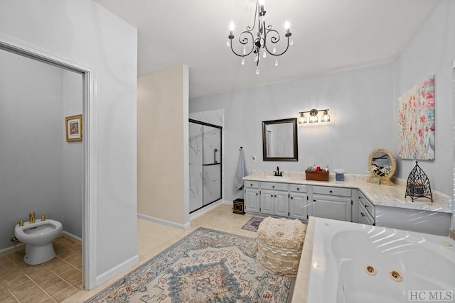 bathroom with a chandelier, a bidet, vanity, independent shower and bath, and tile patterned flooring